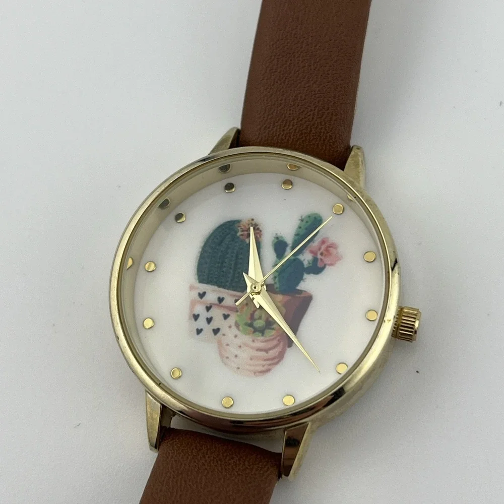 QRTZ Cactus Dial Watch Women‎ 34mm Gold Case Petite Brown Band- New Battery